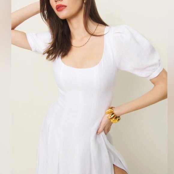 NEW Reformation Coucou Midi Linen Dress Puff Sleeves White | size 2 - Picture 4 of 12
